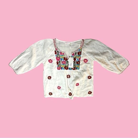 LA CERA | NWT Women's 3/4 Sleeve Embroidered Peasant top White Size S Retail $98 - Picture 1 of 9